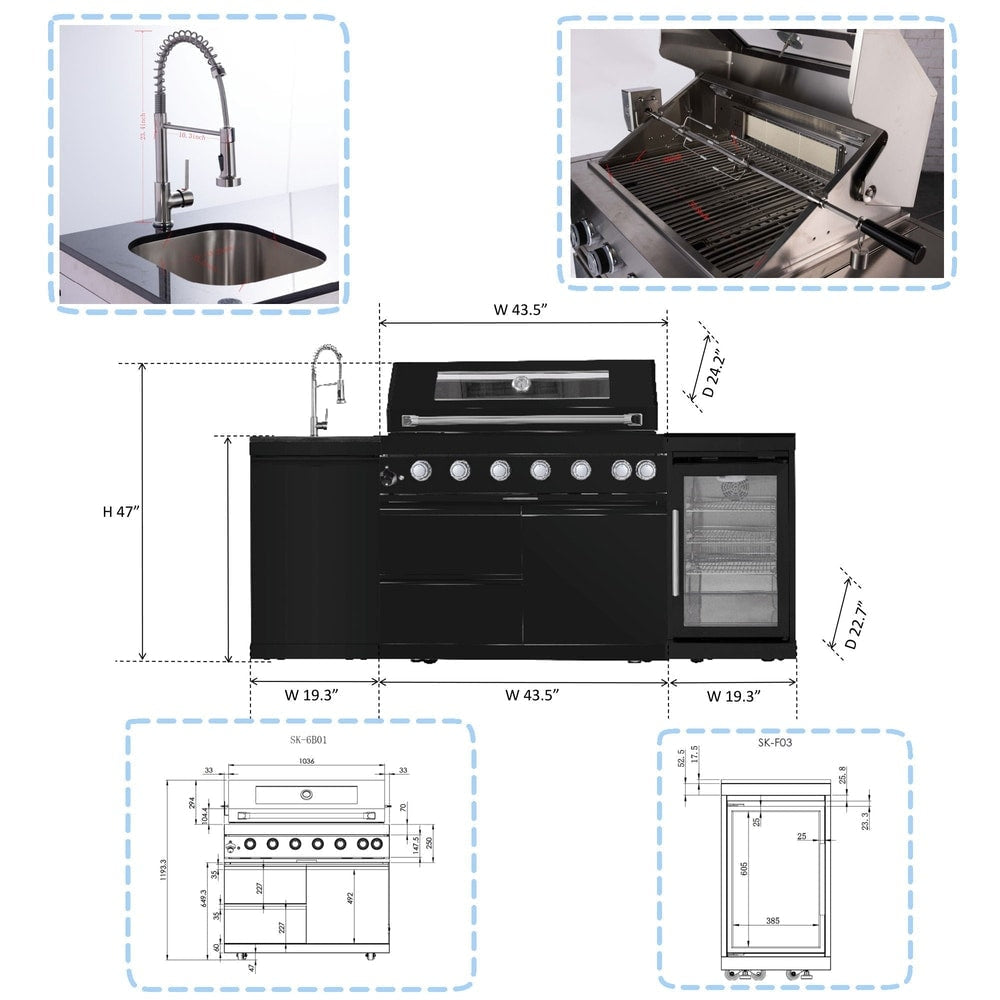6 Burner 85, 000 Btu Outdoor Kitchen Island Grill With Wine Cooler Refrigerator, Rotisserie Kit, Granite Countertops & Sink - Black