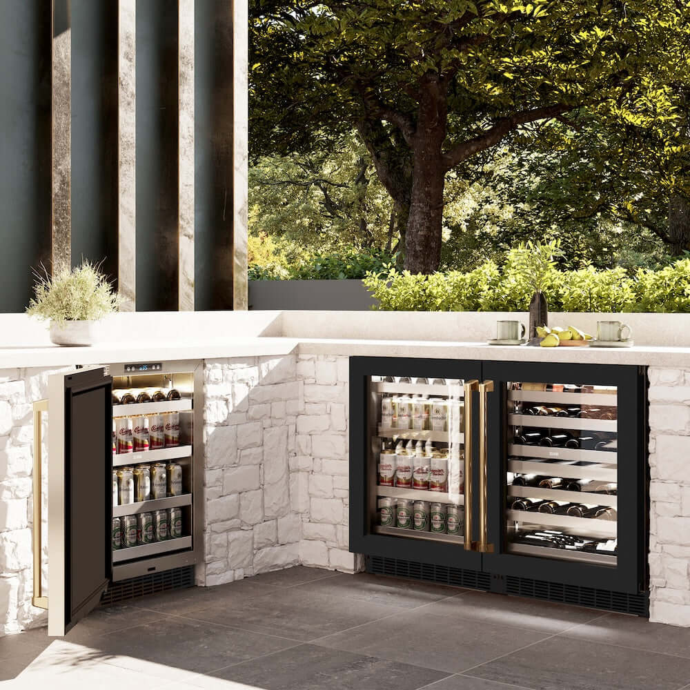 ZLINE 24" Touchstone 151 Can Beverage Fridge Black Matte Glass Door Gold RBSOZ-BLM-24-G