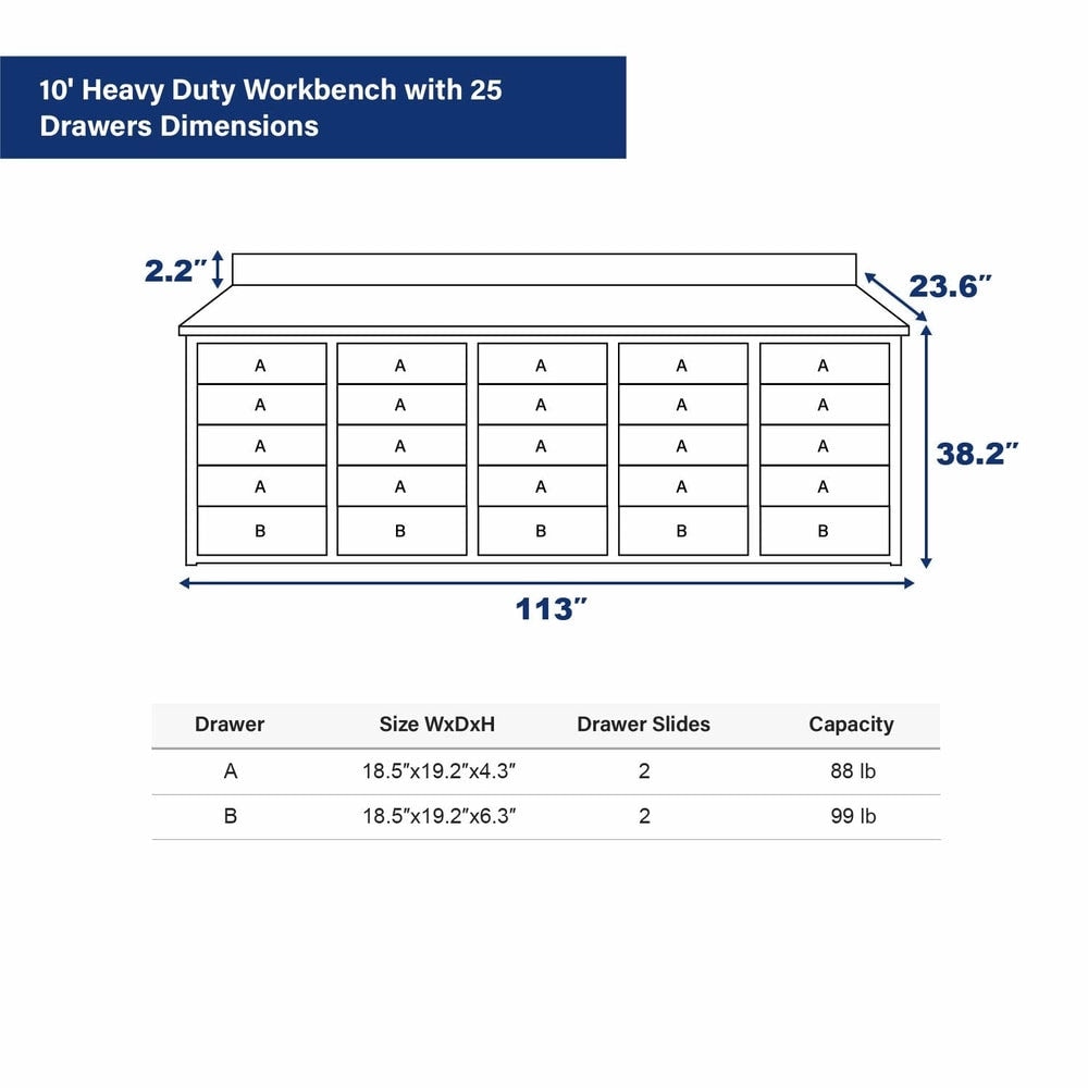 10 ft Heavy Duty Workbench with 25 Drawers