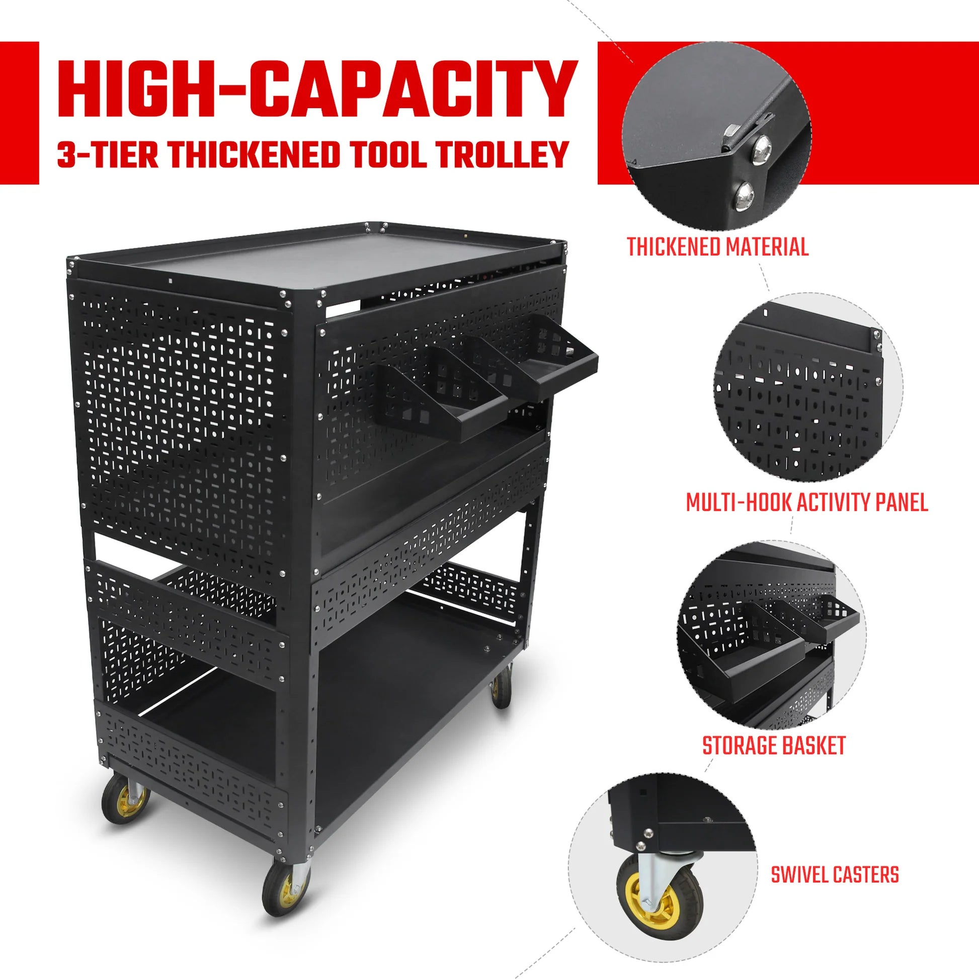 3-Tier Adjustable Rolling Tool Cart | Garage & Workshop Organizer w/ Steel Pegboard