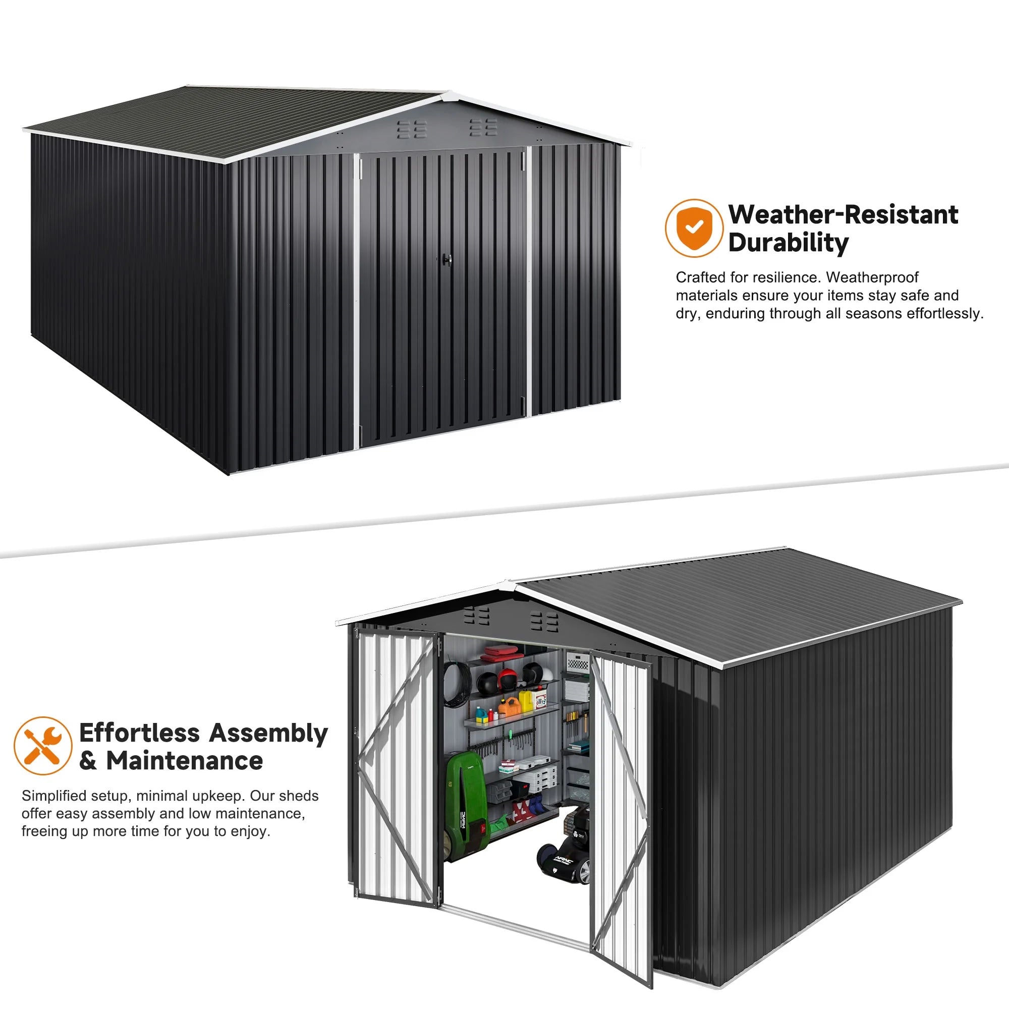 10'X14' Outdoor Metal Shed , Storage Shed with Updated Frame, Lockable Doors & Sliding Roof for Backyard, Garden, Black