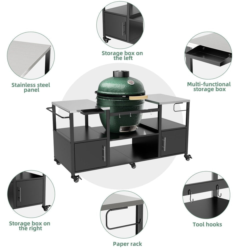 Outdoor Grill Table For Big Egg Style Bbq With Metal Grill Cart And Storage Box And Metal And Stainless Steel - Black / Silver