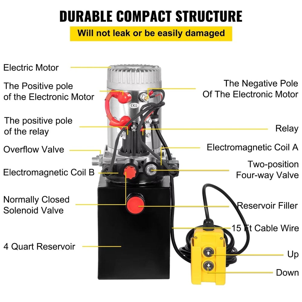 Car Jack Hydraulic Pump 12V DC Double Acting Power Unit 4 Quart Steel Oil Tank Dump Trailer Truck Car Lift Motor Pump