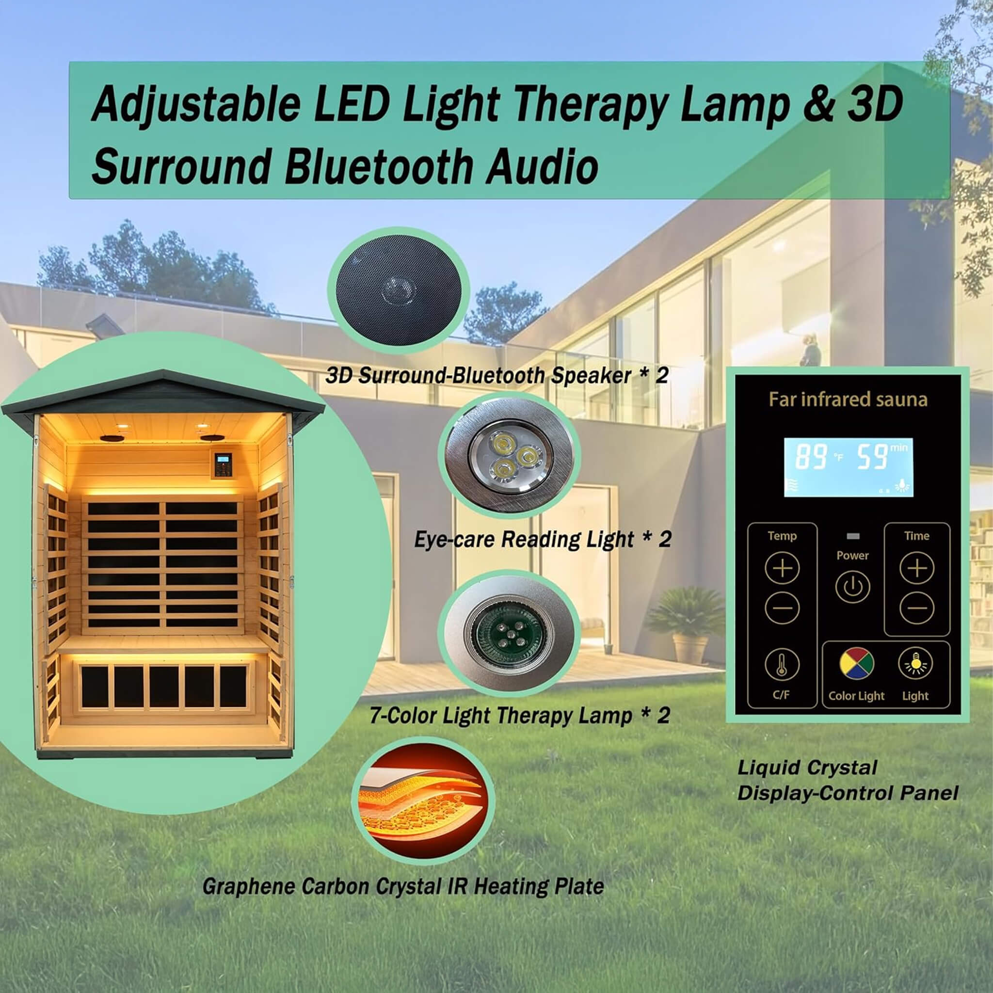 Thermora Premium 2-Person Black Carbonized Walnut Low EMF Far Infrared Outdoor Sauna With Bluetooth Audio And LED Lighting