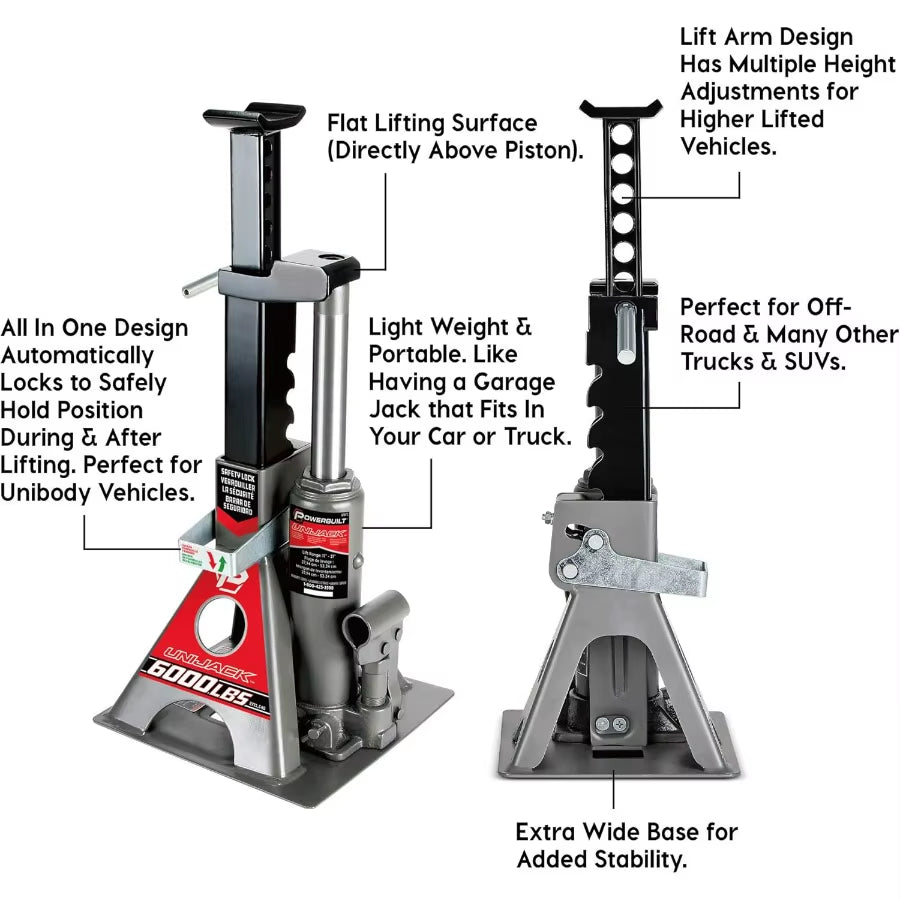 3 Ton, Bottle Jack and Jack Stands in One, 6000 Pound Capacity, All-In-One Car Lift, Heavy Duty Vehicle Unijack, Wide Base, 6204