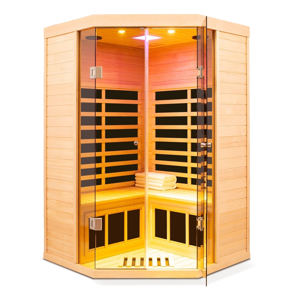 Deluxe Hemlock Far Infrared Corner Sauna Room with Glass Front for Two Persons