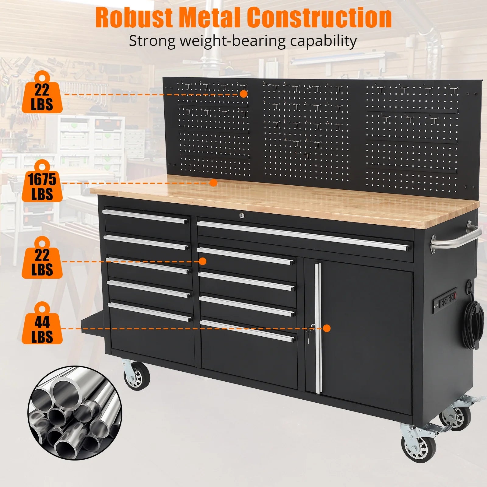 61" Rolling Tool Chest, 10 Drawers Garage Workbench Storage Tool Cabinet with Power Station, Rubber Wood Top, 1675 LBS Load Mobile Workstation, Heavy Duty Cabinet on Wheels