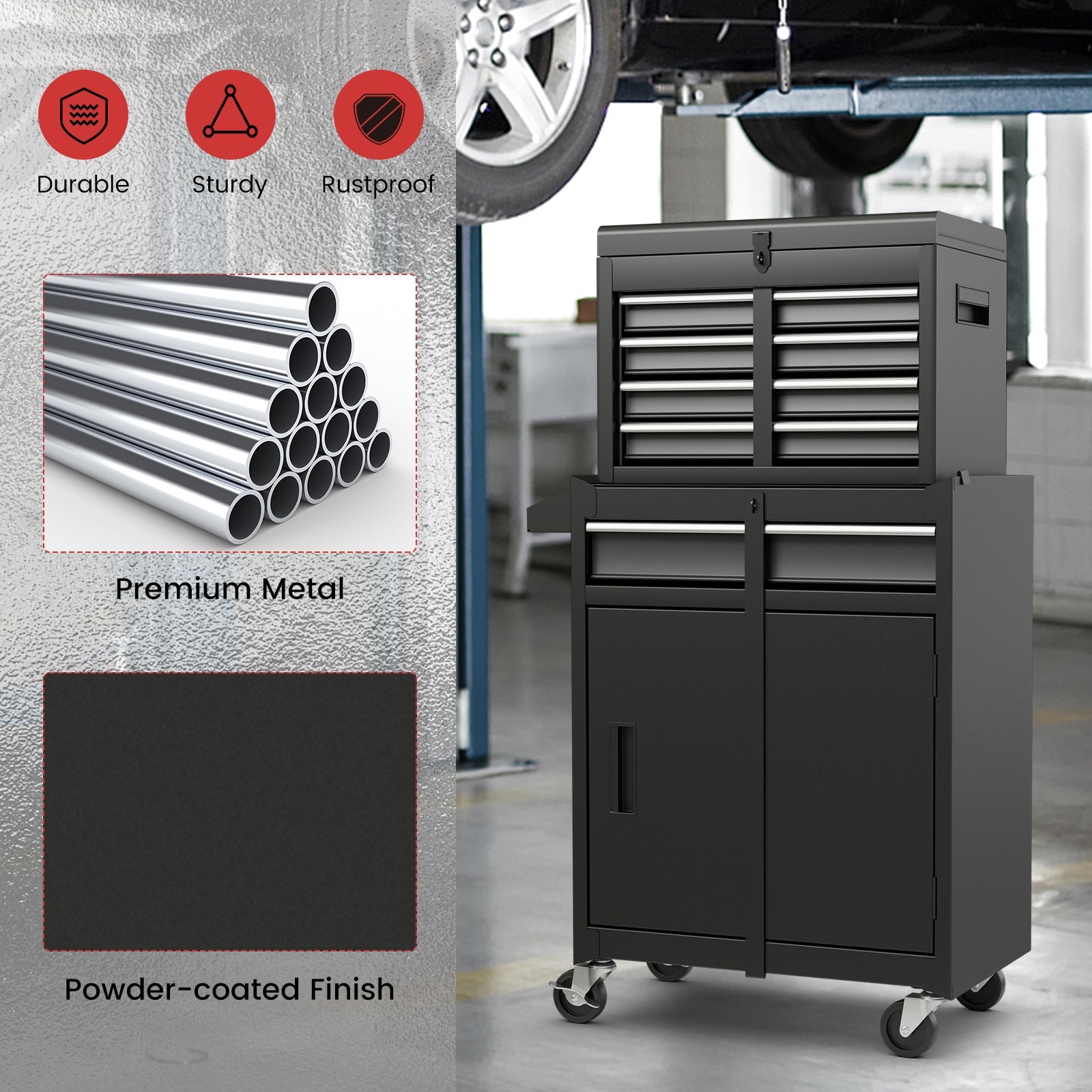 2-in-1 Tool Chest and Cabinet with 5 Sliding Drawers-Black