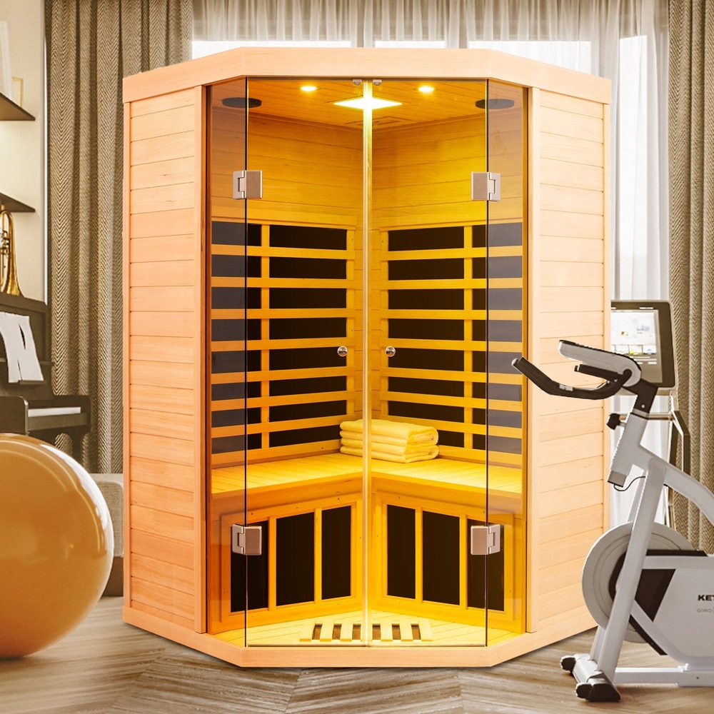 Deluxe Hemlock Far Infrared Corner Sauna Room with Glass Front for Two Persons