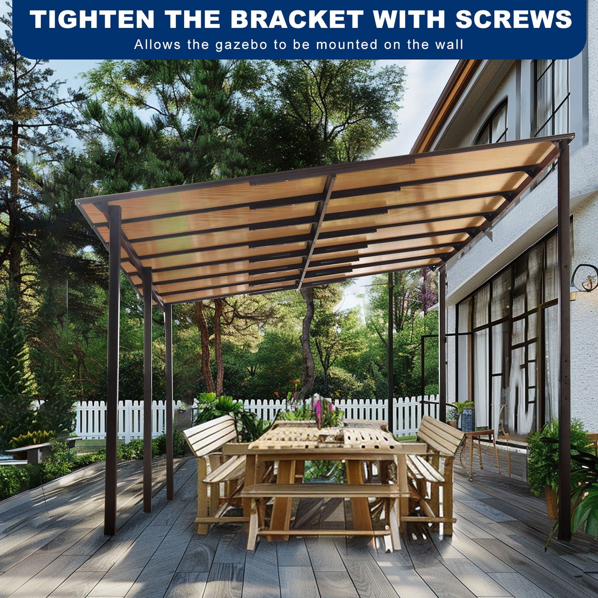Wall Mounted Outdoor Pergola Gazebo, Heavy Duty Metal Awning With Roof