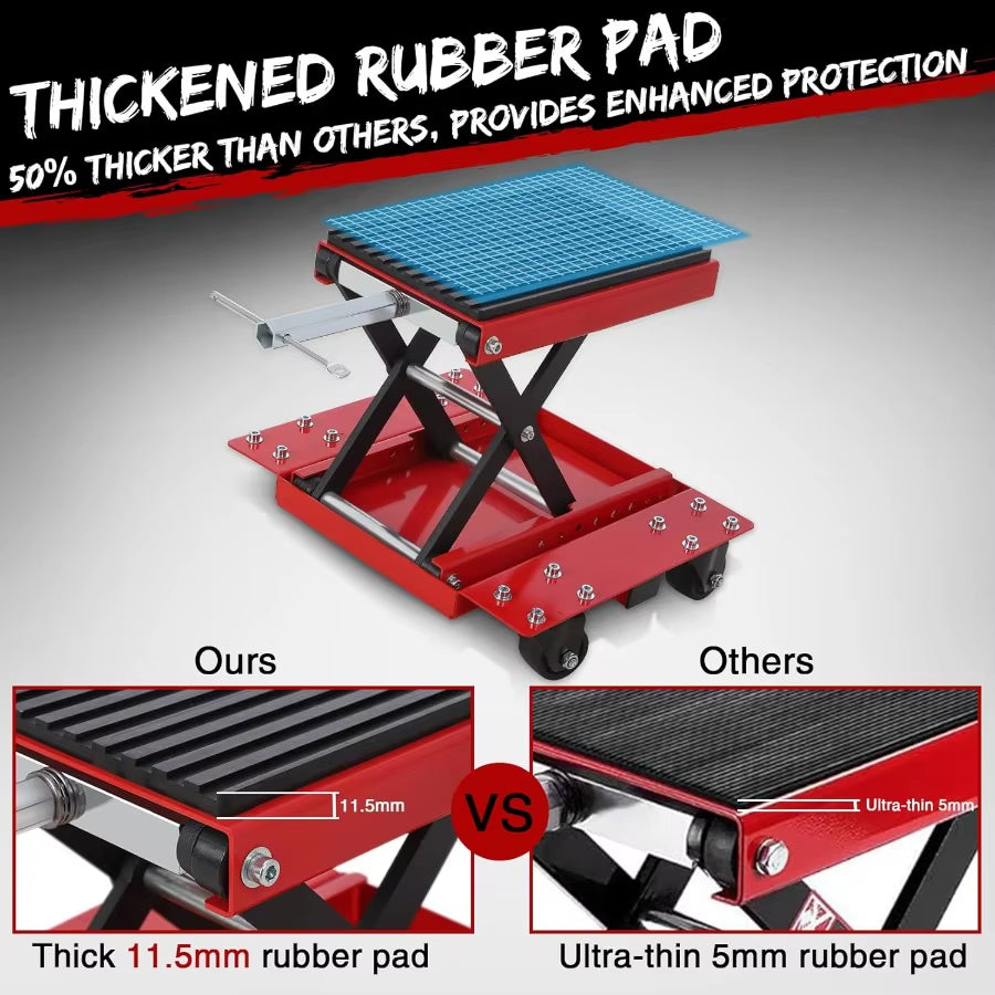 1200Lbs Motorcycle Jack with Dolly for Dirt Bike ATV Cruiser Bikes Scissor Lift Hoist Stand with Wide Deck and Safety Pin Ideal