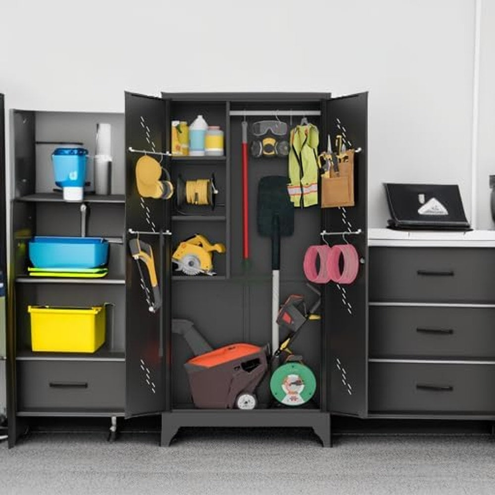 75" Metal Storage Cabinet, Tool Cabinets with Hooks, Garage Storage Cabinet with Lock, Heavy-Duty Tool Cabinet for Utility Room, Gym, Basement, Broom Closet Cabinet, Black