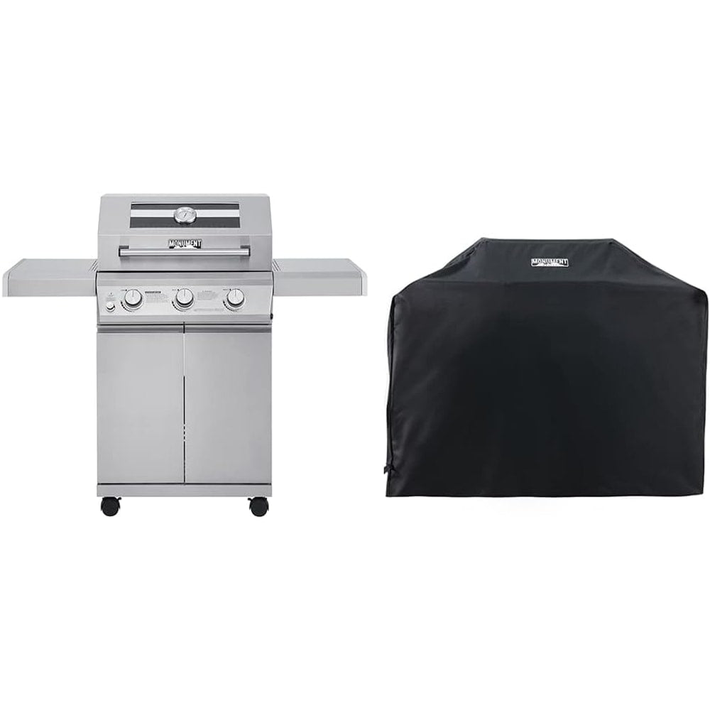 Monument Grills Larger 3-Burner Propane Gas Grills Barbeque Stainless Steel Heavy-Duty Cabinet Style with BBQ Cover (2 Items)