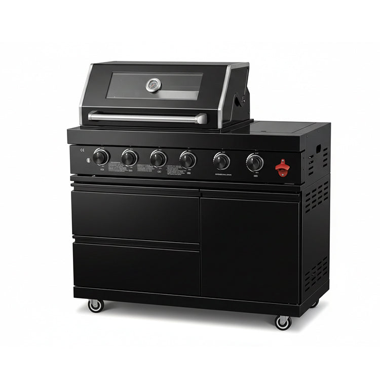 46" Four Burners Black Outdoor Kitchen Islands Grill + Side Burner