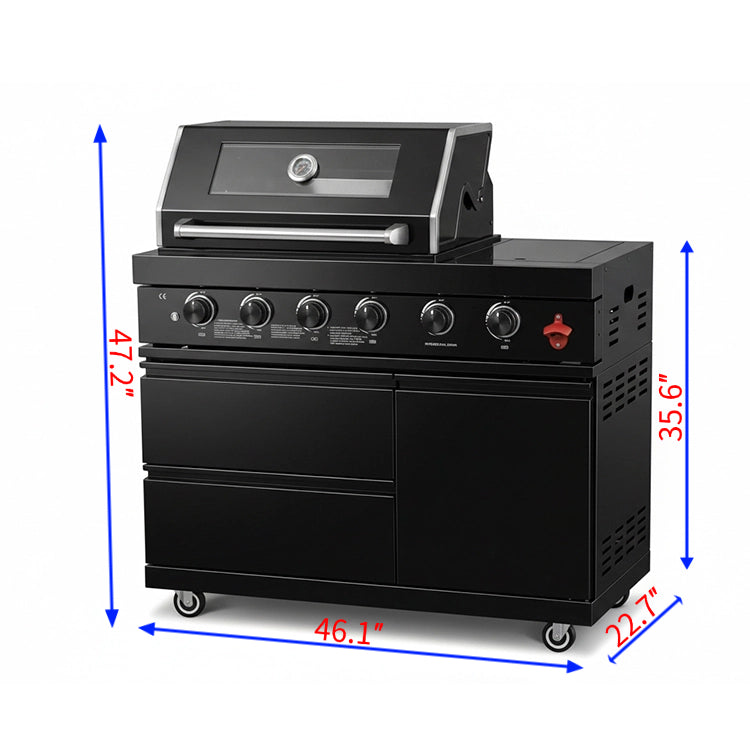 46" Four Burners Black Outdoor Kitchen Islands Grill + Side Burner