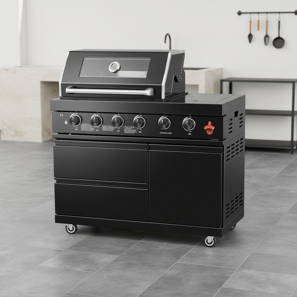 46" Four Burners Black Outdoor Kitchen Islands Grill + Side Burner
