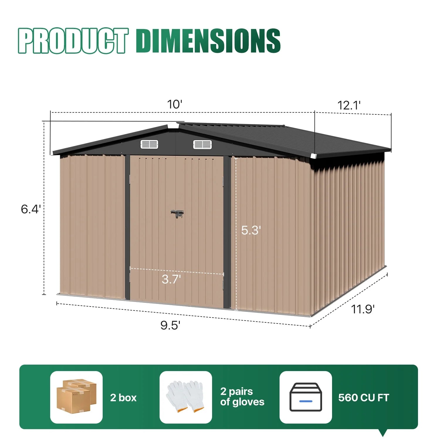 10X12 Ft. Metal Storage Shed, Waterproof Steel Garden Shed with Lock, Brown