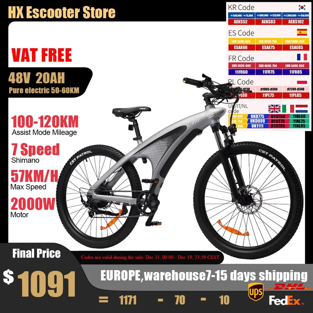 HX Q5 Ebike 2000W Adults Electric Bike 85Nm 57KM/H Electric Bicycle 27.5*2.25 Inch Removable Battery Electric Mountain Bike