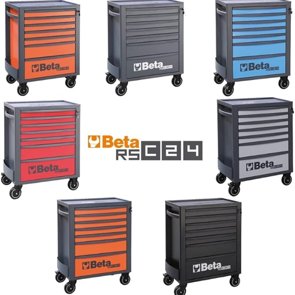 Beta RSC24 Heavy Duty Rolling Tool Cabinet, 7 Drawers, Grey, Ball Bearing Slides, Rubber Mat Liners, 5" Casters, Anti-Fall Edge Worktop, 1760 lbs Load Capacity, Made in Italy