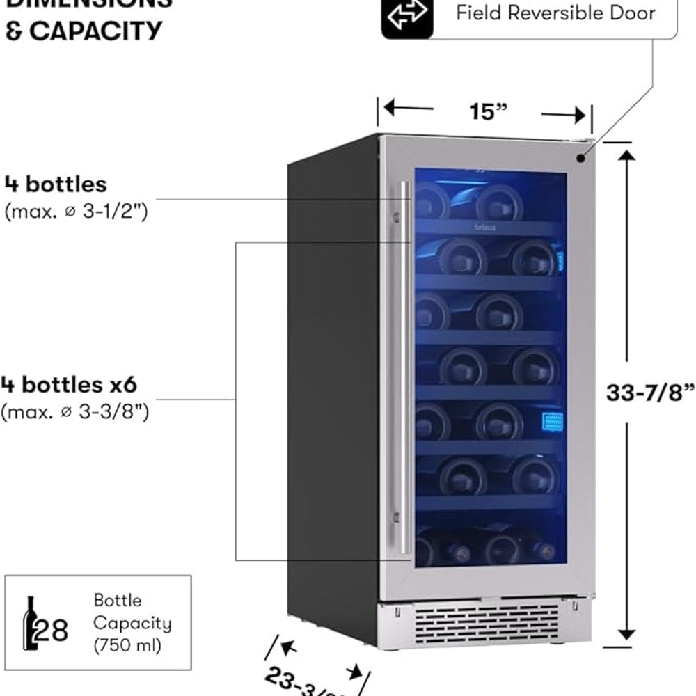 Zephyr Brisas 15 Inch Slim Wine Fridge Single Zone Under Counter - Narrow Mini Wine Cooler Small Cabinet Wine Refrigerator Home Bar Freestanding with Glass Door - 28 x 750ml Bottles