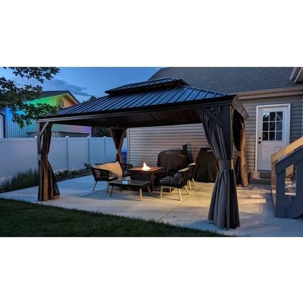 Kozyard Alexander 12‘ X 16’ Hardtop Aluminum Permanent Gazebo with a Mosquito Net and Privacy Sidewalls, Permanent Gazebo Pavilion for Patio, Backyard (Alexander 12'x16' (Brown))