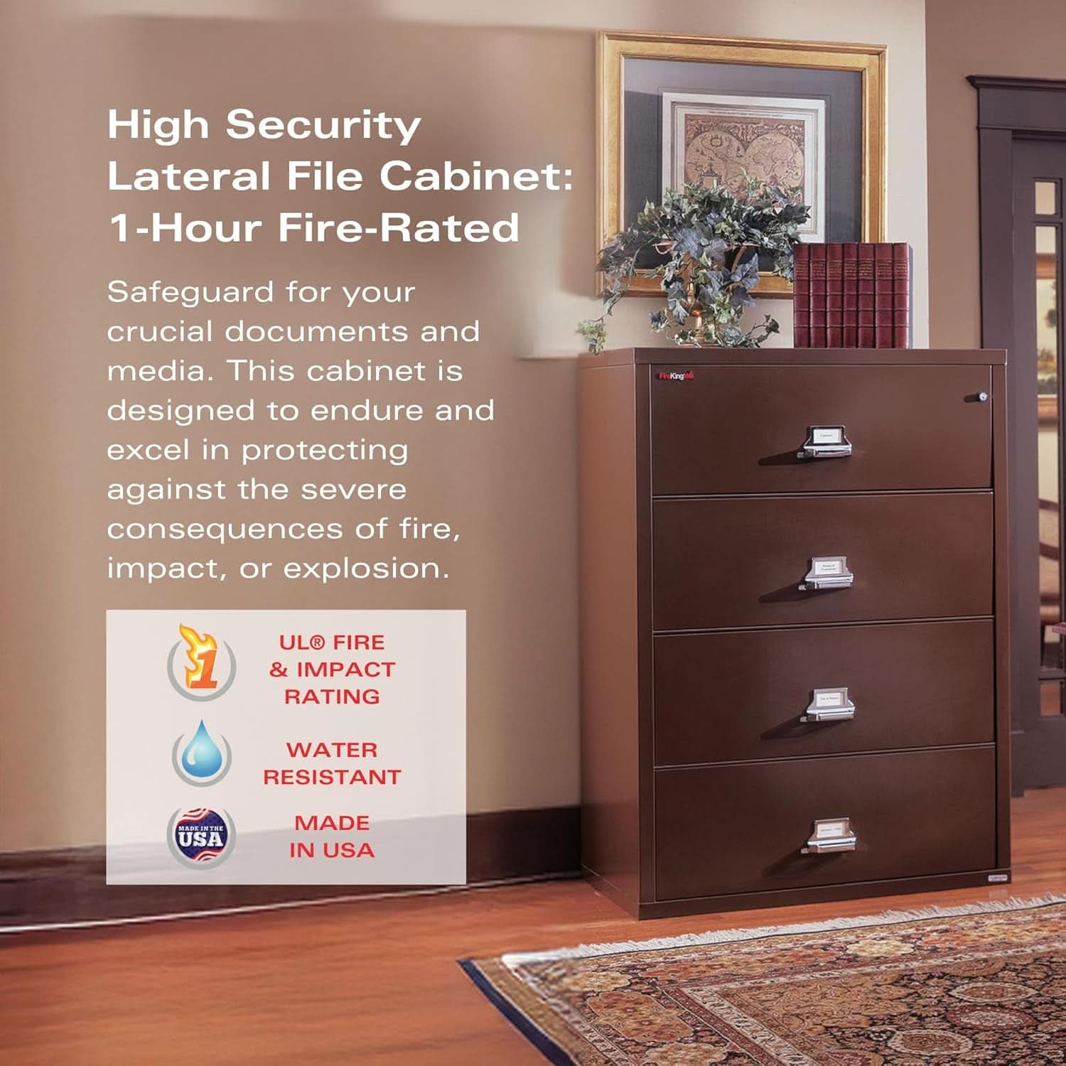 Lateral 4 Drawer Fire Safe File Cabinet With Key Lock 1 Hour Fire Rated