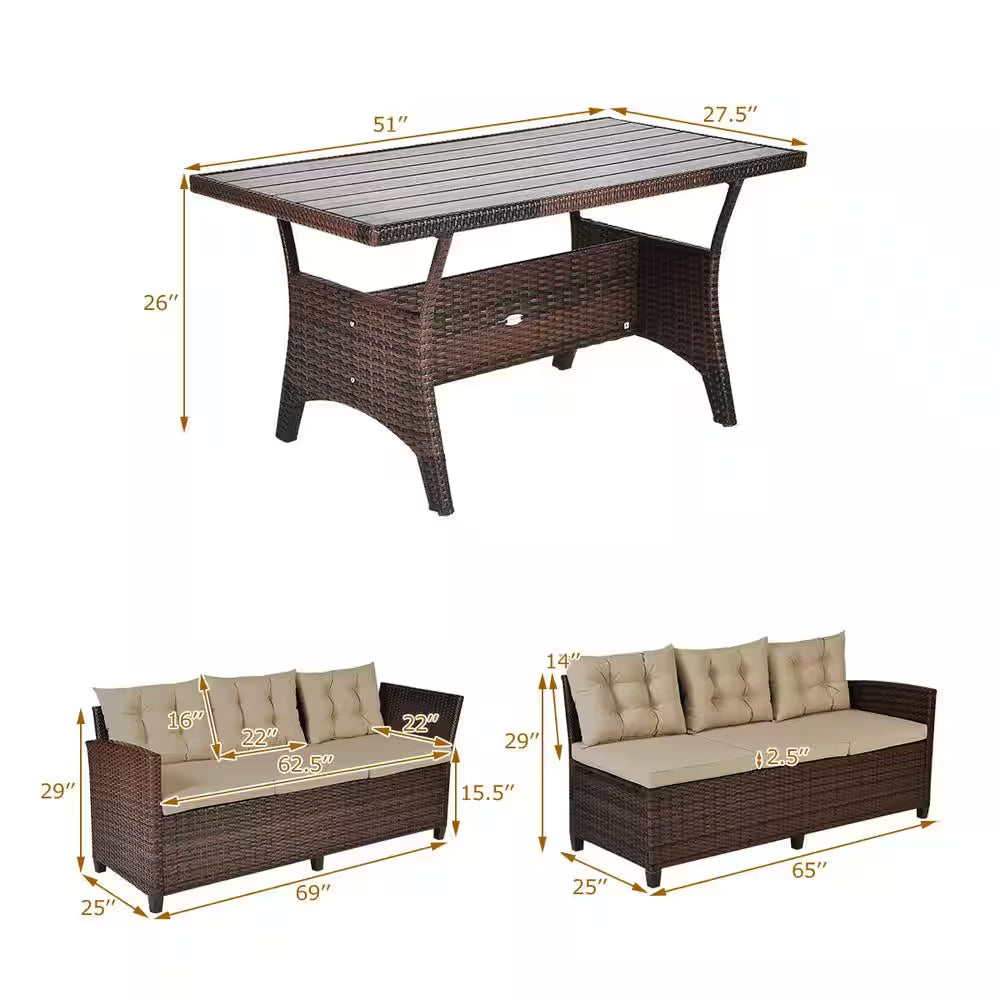 Island 3-Piece Wicker Dining Set Patio Furniture 6-Seats Sofa with Coffee Cushions