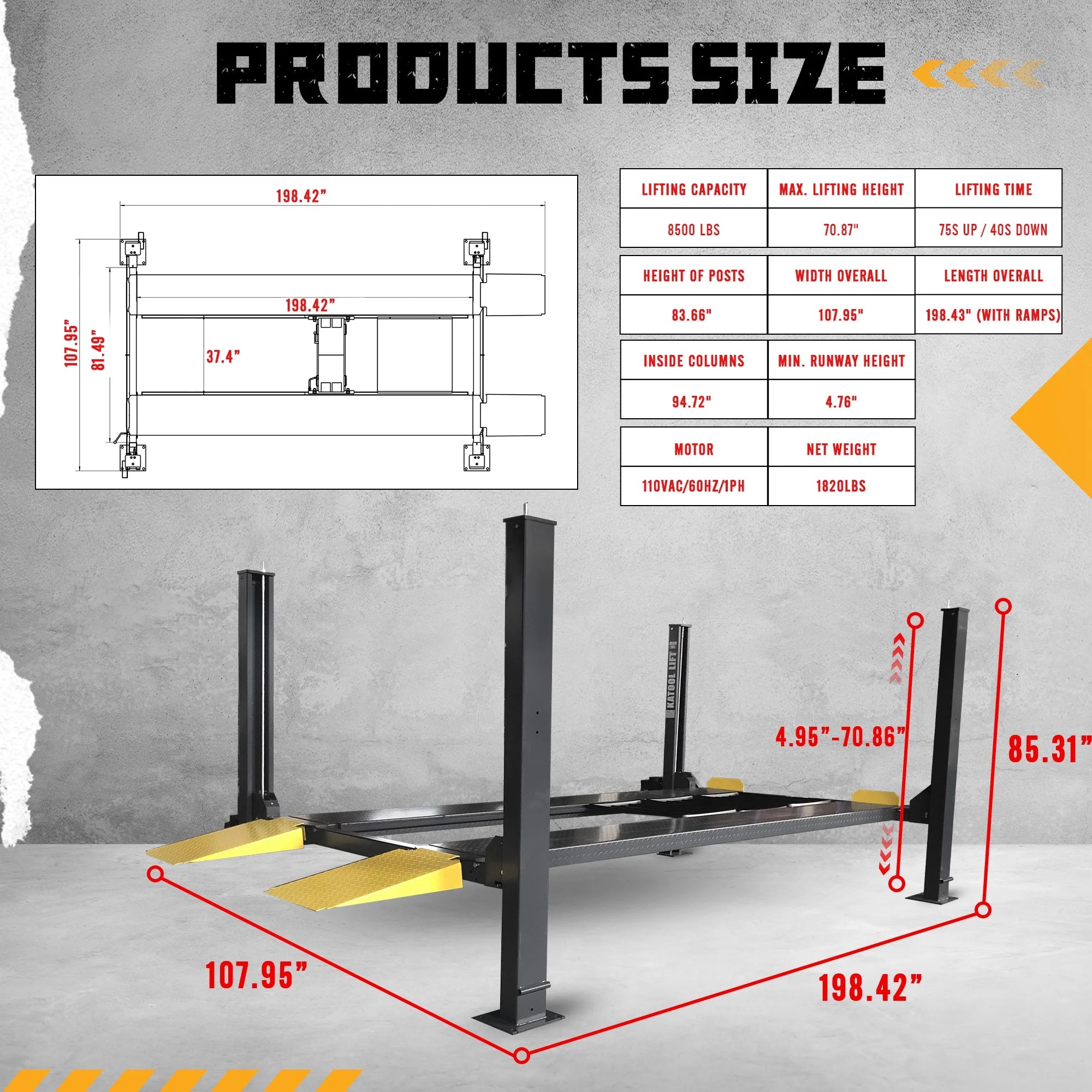 KT-4H850 Four Post Parking Lift Storage Service Car Auto Lift Truck Hoist with Caster Kit for Home Garage,Repair Shop