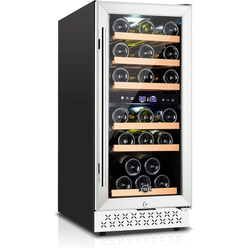 Tylza Mini Fridge 15 Inch Wine Cooler Under Counter, 33 Bottle Dual Zone Wine Fridge with Stainless Steel, Wine Refrigerator Freestanding, Built-in Wine Cellars