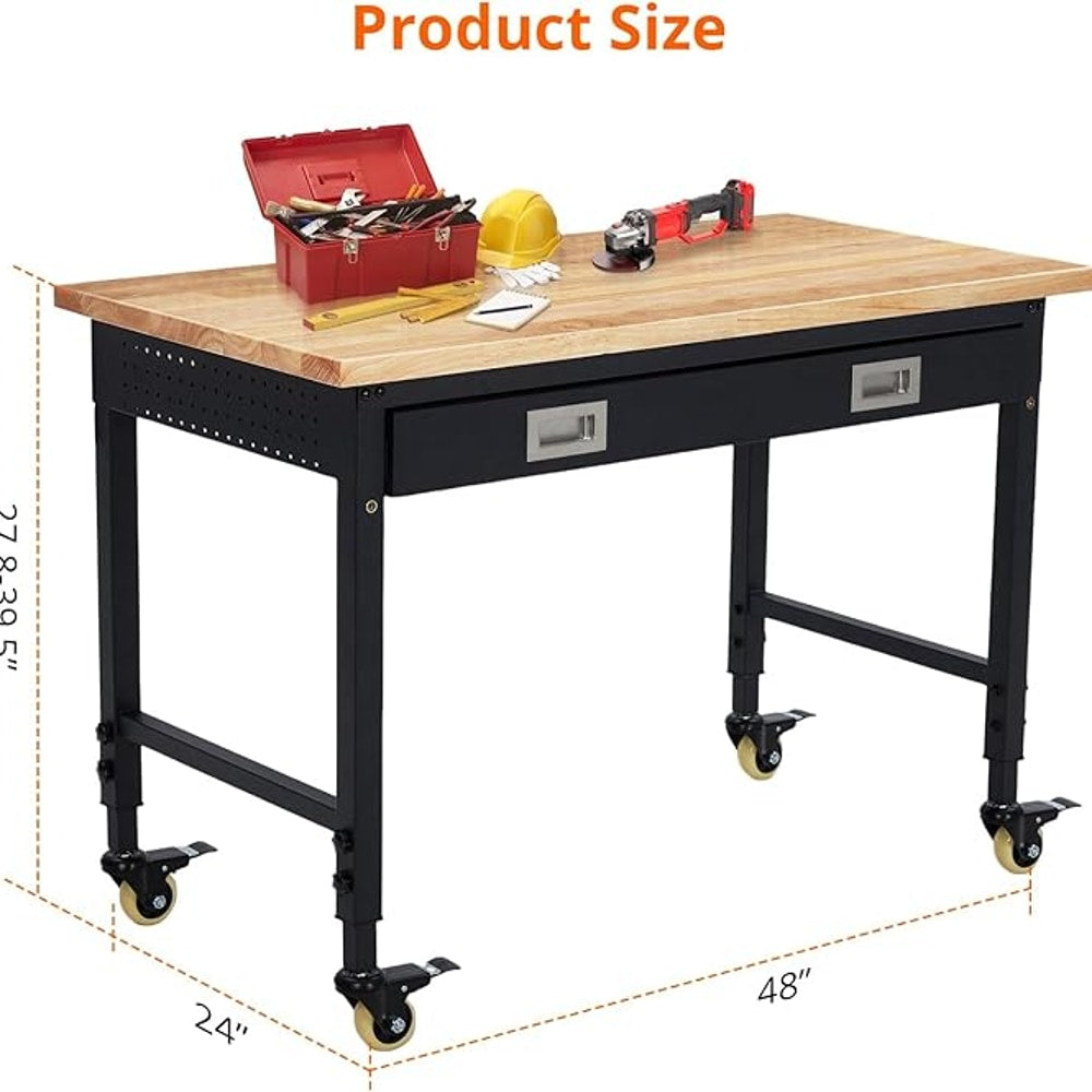 48x24 Inch Heavy-Duty Adjustable Workbench with Rubber Wood Top – 2000LB Capacity Mobile Garage Workstation with Drawer, Ideal for Workshop, DIY & Tool Storage