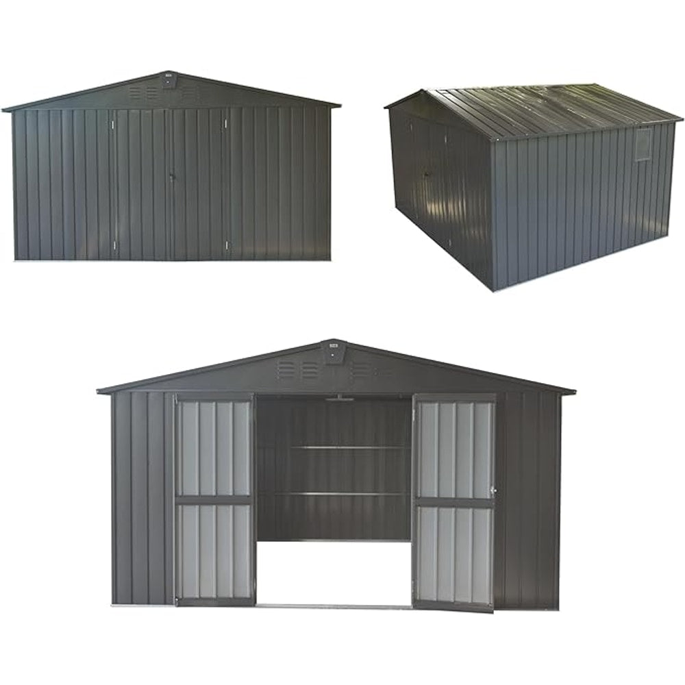 Domi Backyard Storage Shed 11’ x 12.5’ with Galvanized Steel Frame & Windows, Outdoor Garden Shed Metal Utility Tool Storage Room with Lockable Door for Patio(Dark Gray)