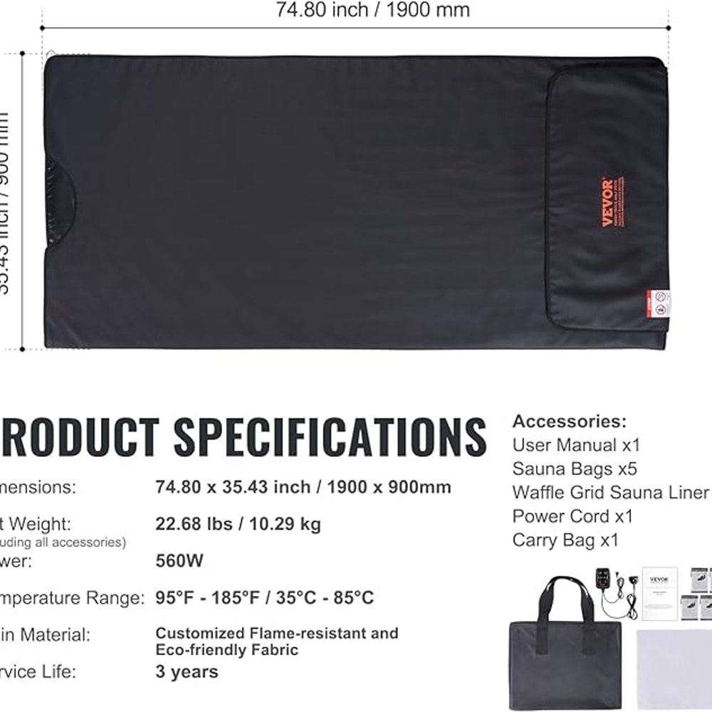 VEVOR Sauna Blanket for Detoxification, Portable Far Infrared Sauna for Home, PU Sauna Bag w/Therapy Stones & Carbon Fiber Heating, 1-6 Level Adjustable Temp 95-185℉, 1-60 Minutes Timer, 75 x 35in