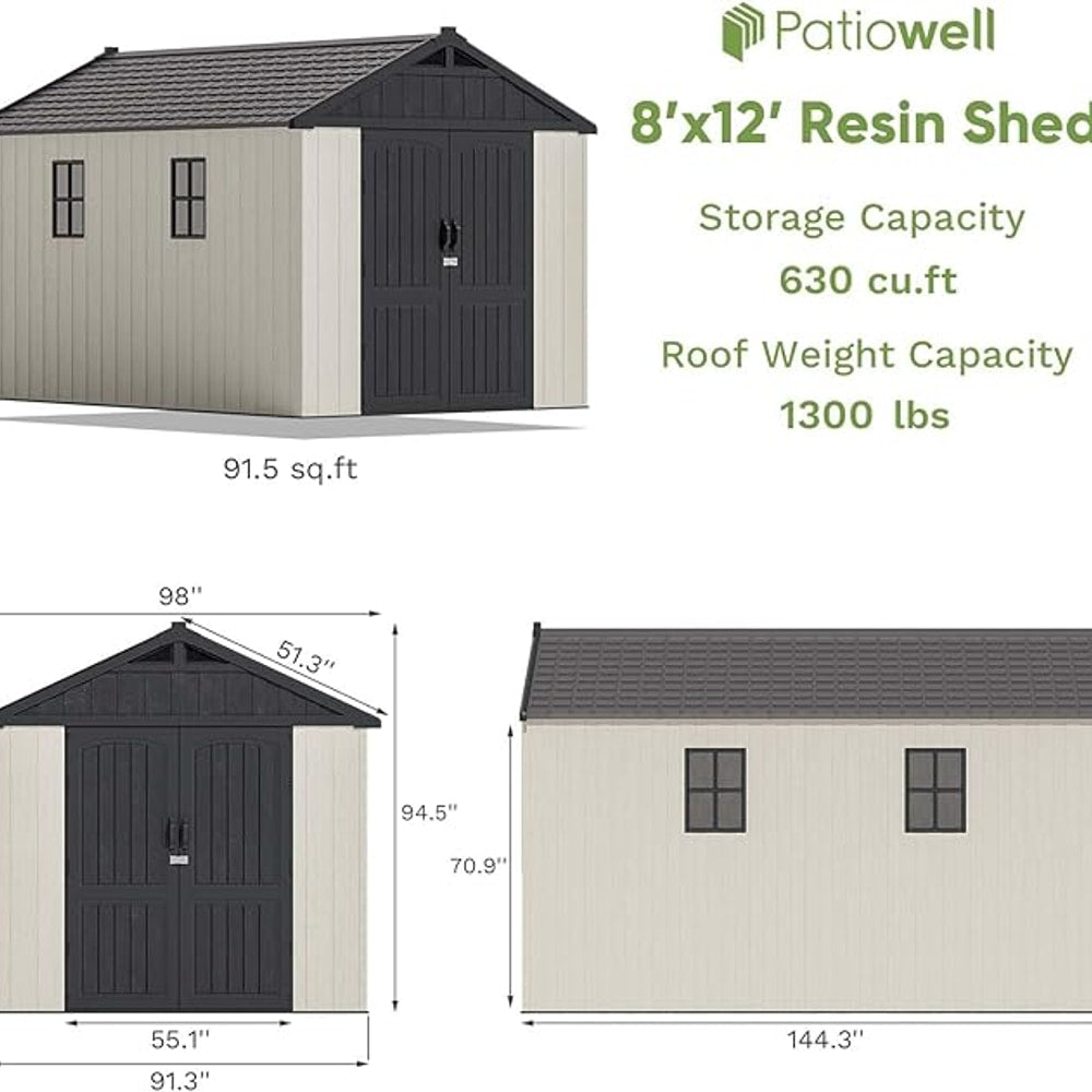 Patiowell 8 x 12 FT Plastic Outdoor Storage Shed with Floor, Resin Shed with Window and Lockable Door for Garden, Backyard, Tool Storage Use, Easy to Install in Beige (Kick-it Shed)