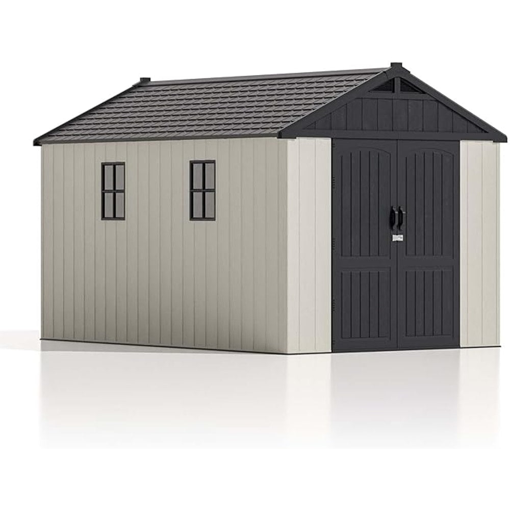 Patiowell 8 x 12 FT Plastic Outdoor Storage Shed with Floor, Resin Shed with Window and Lockable Door for Garden, Backyard, Tool Storage Use, Easy to Install in Beige (Kick-it Shed)