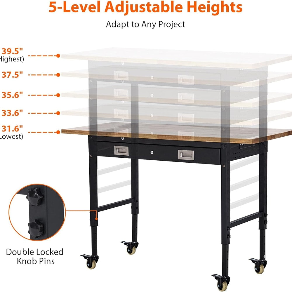 60" Adjustable Workbench with Drawer Storage, Rubber Wood Top Work Table for Garage, Heavy Duty Worktable with Removable Pegboard, Power Outlet, Hooks, Tool Storage Bench for Warehouse Workshop