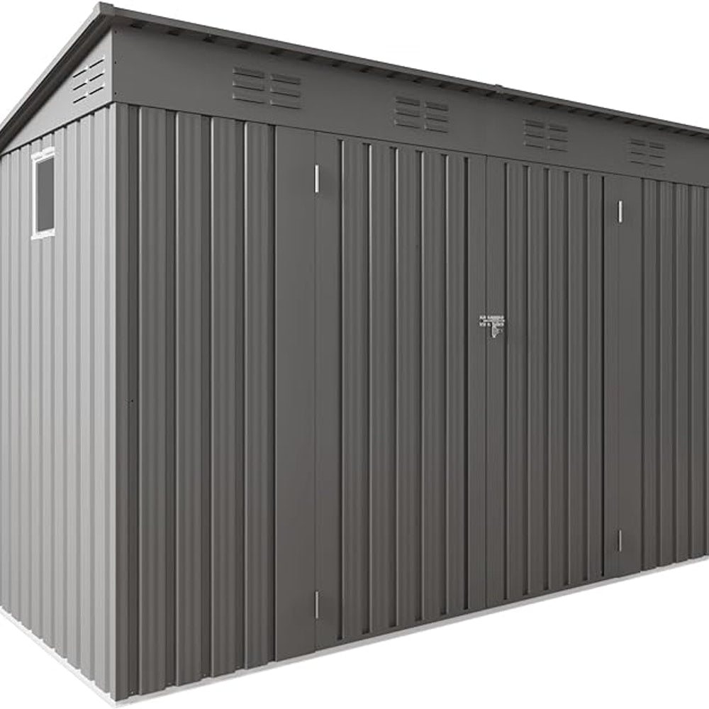 4 * 9.2 * 6 FT Outdoor Storage Shed, Galvanized Steel Garden Shed with Lockable Door & Window, Waterproof Metal Tool Storage for Garden, Backyard, Patio, Lawn(Gray)