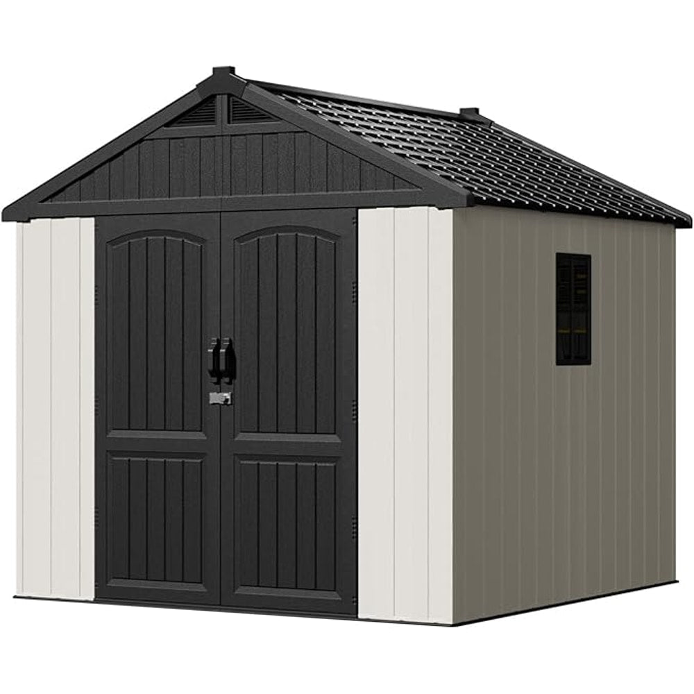 Patiowell 8 x 8 FT Plastic Outdoor Storage Shed with Floor, Resin Shed with Window and Lockable Door for Garden, Backyard, Tool Storage Use, Easy to Install in Beige (Kick-it Shed)