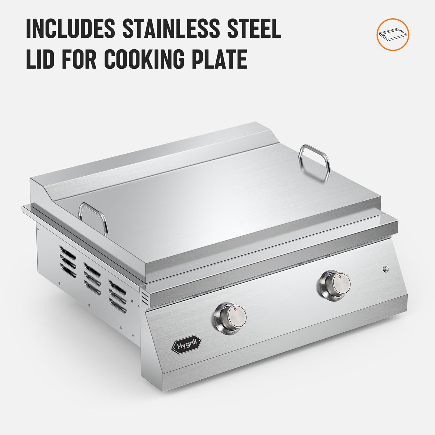Hygrill 30-Inch Premium Built-In Natural Gas Griddle for Outdoor Kitchen, Durable 304 Stainless Steel 2-Burner Flat Top Grill with Lid and LED lights