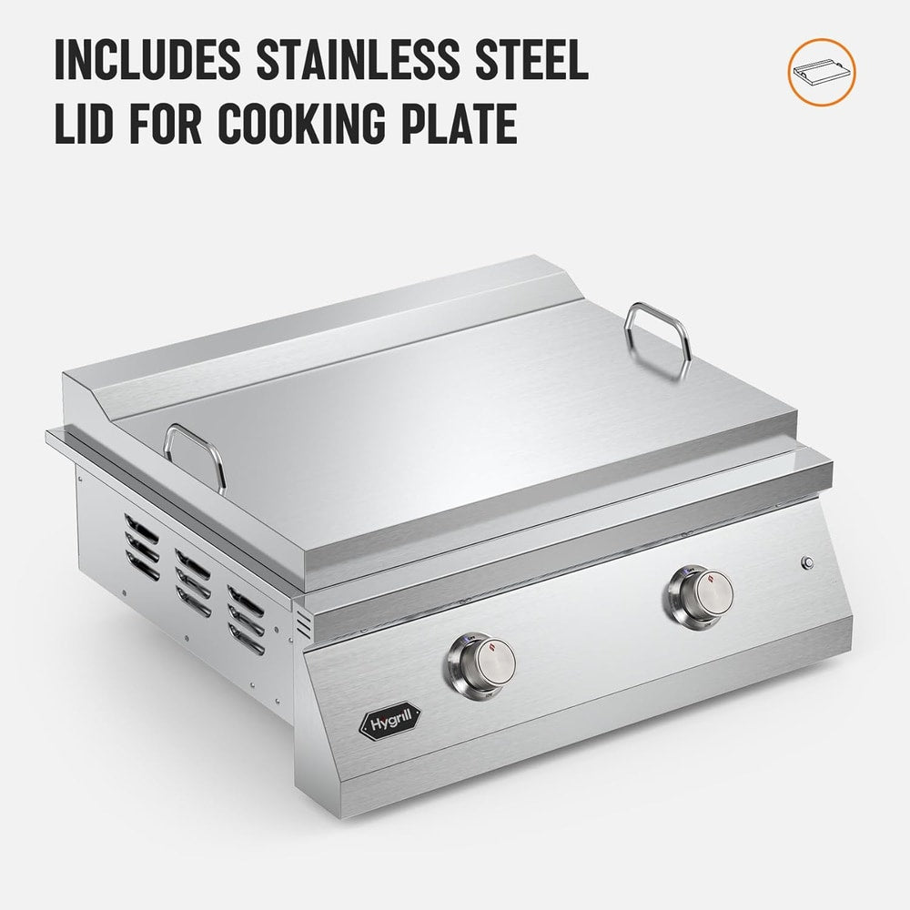 Hygrill 30-Inch Premium Built-In Natural Gas Griddle for Outdoor Kitchen, Durable 304 Stainless Steel 2-Burner Flat Top Grill with Lid and LED lights