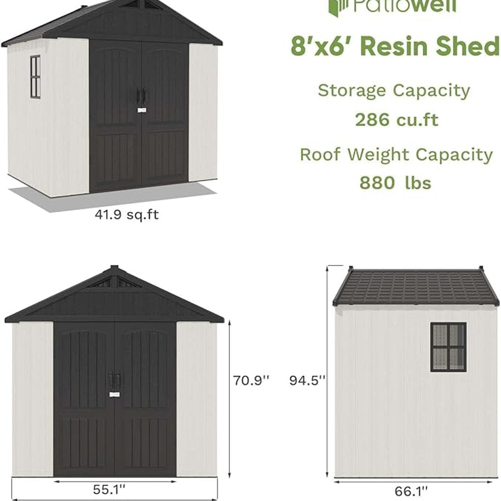 Patiowell 8 x 6 FT Plastic Outdoor Storage Shed with Floor, Resin Shed with Window and Lockable Door for Garden, Backyard, Tool Storage Use, Easy to Install in Beige (Kick-it Shed)