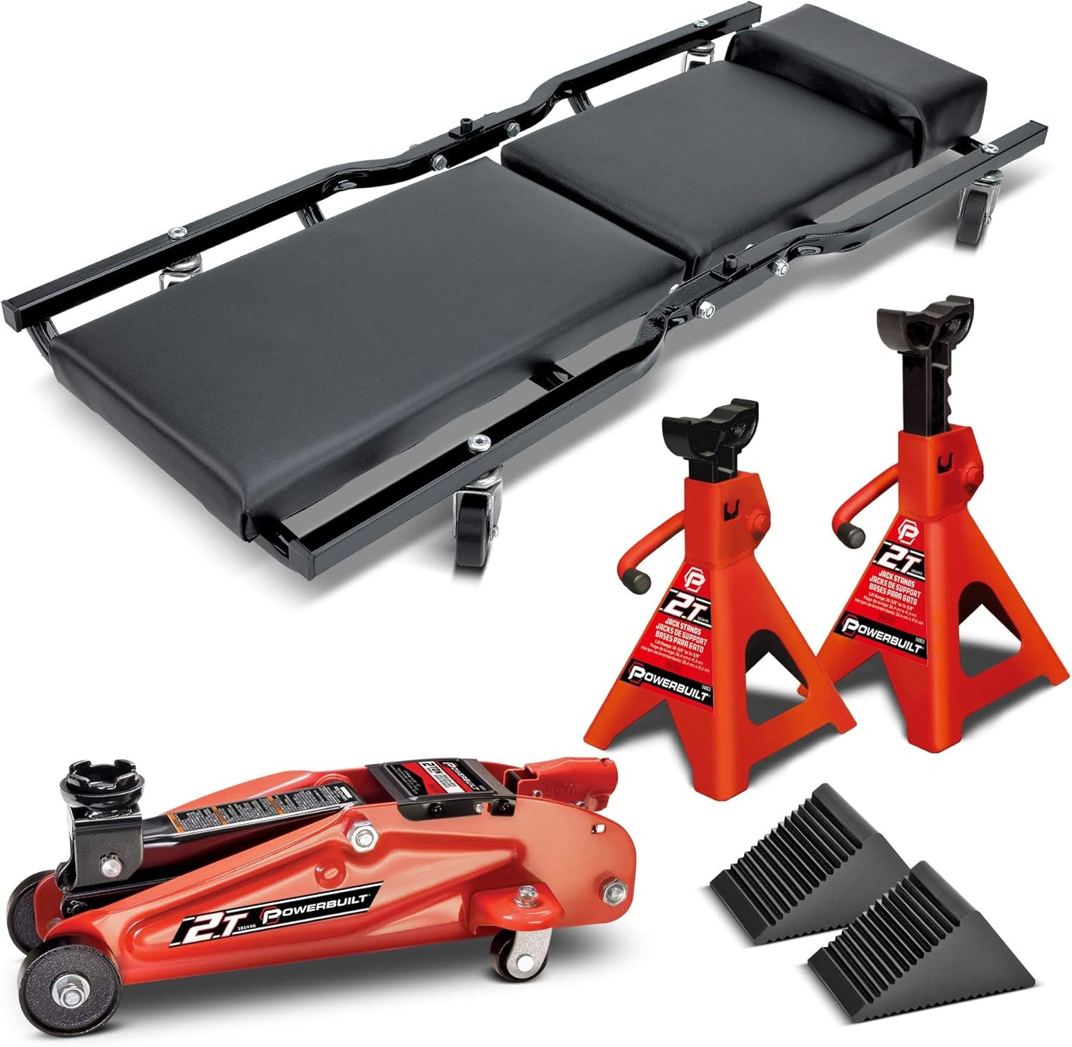 Powerbuilt 6 Piece Car Jack and Garage Creeper Service Set, 2 Ton Vehicle Lift, Jackstands, Folding Creeper, Wheel Chocks, Car Repair Garage Equipment - 640816, Large, Red