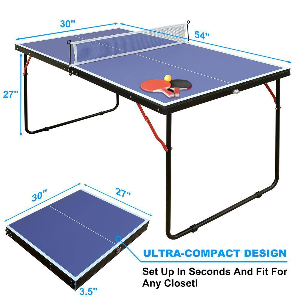 54 In. Table Tennis Table Midsize Foldable Portable Ping Pong Table Set with Net, 2 Paddles and 3 Balls