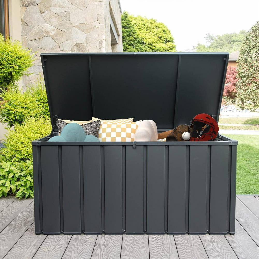150 Gal. Dark Gray Steel Outdoor Storage Deck Box Waterproof, Large Patio Storage Bin for Throw Pillows, Garden Tools