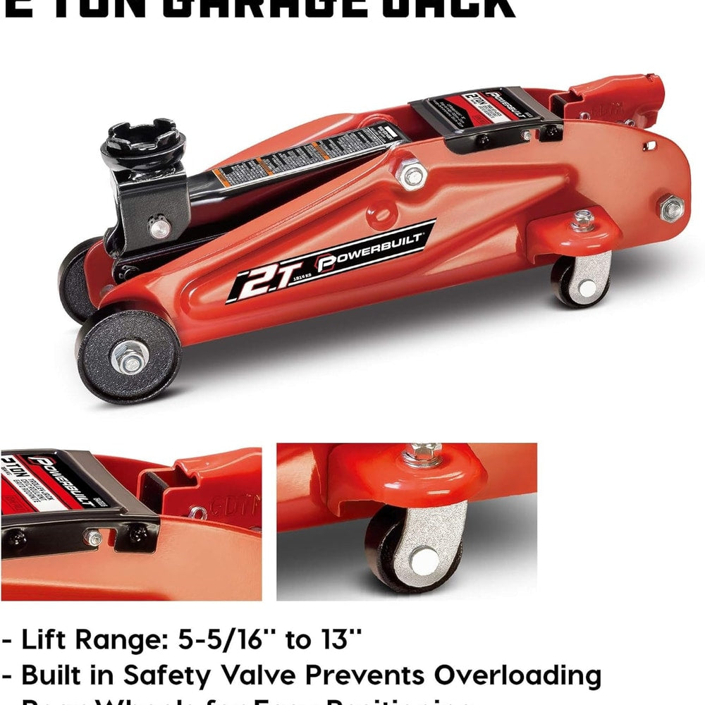 Powerbuilt 6 Piece Car Jack and Garage Creeper Service Set, 2 Ton Vehicle Lift, Jackstands, Folding Creeper, Wheel Chocks, Car Repair Garage Equipment - 640816, Large, Red