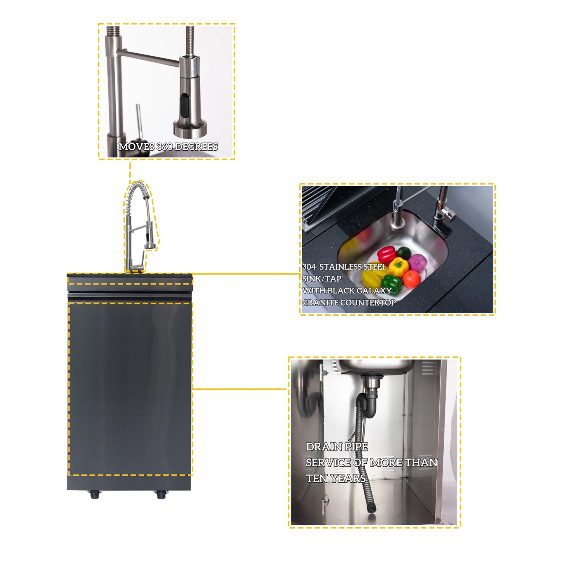 Outdoor Kitchen Island Black Stainless Steel with Sink & 46-Inch 4-Burner 72000 BTU Grill, Wine Cooler, Refrigerator, Rotisserie Kit & Granite Countertops