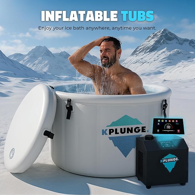 Arctic Fox 39" 1-Person Inflatable Cold Plunge Ice Bath or Hot Tub with 3/4 HP Chiller and Heater, PVC Insulated Lid, Hand Pump, Repair Kit, 88-Gallon Capacity, Indoor/Outdoor Tub โ Gray