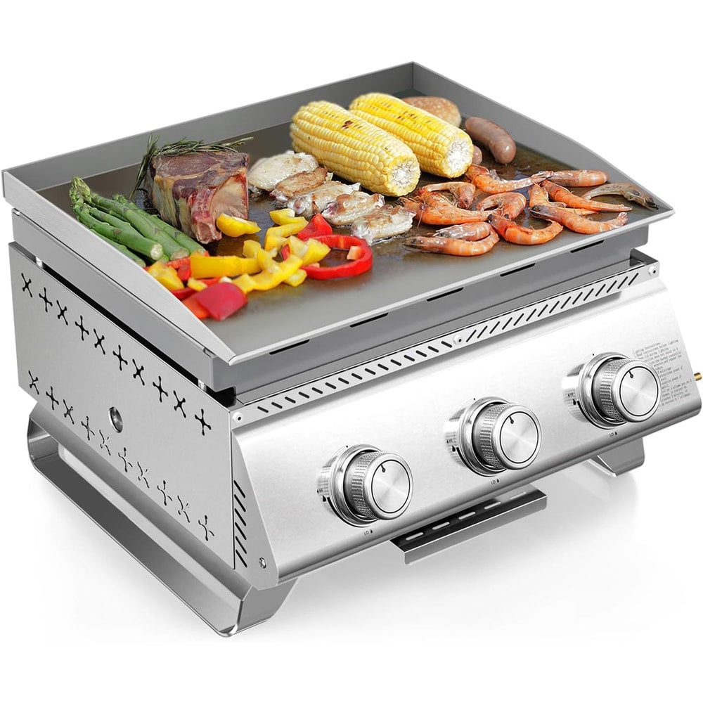 R.W.FLAME 3-Burner Tabletop Propane Gas Grill Stainless Steel Portable Outdoor Griddle,24,000 BTU Compact Flat Top Camping BBQ Grill,347 Sq. In. Cooking Area