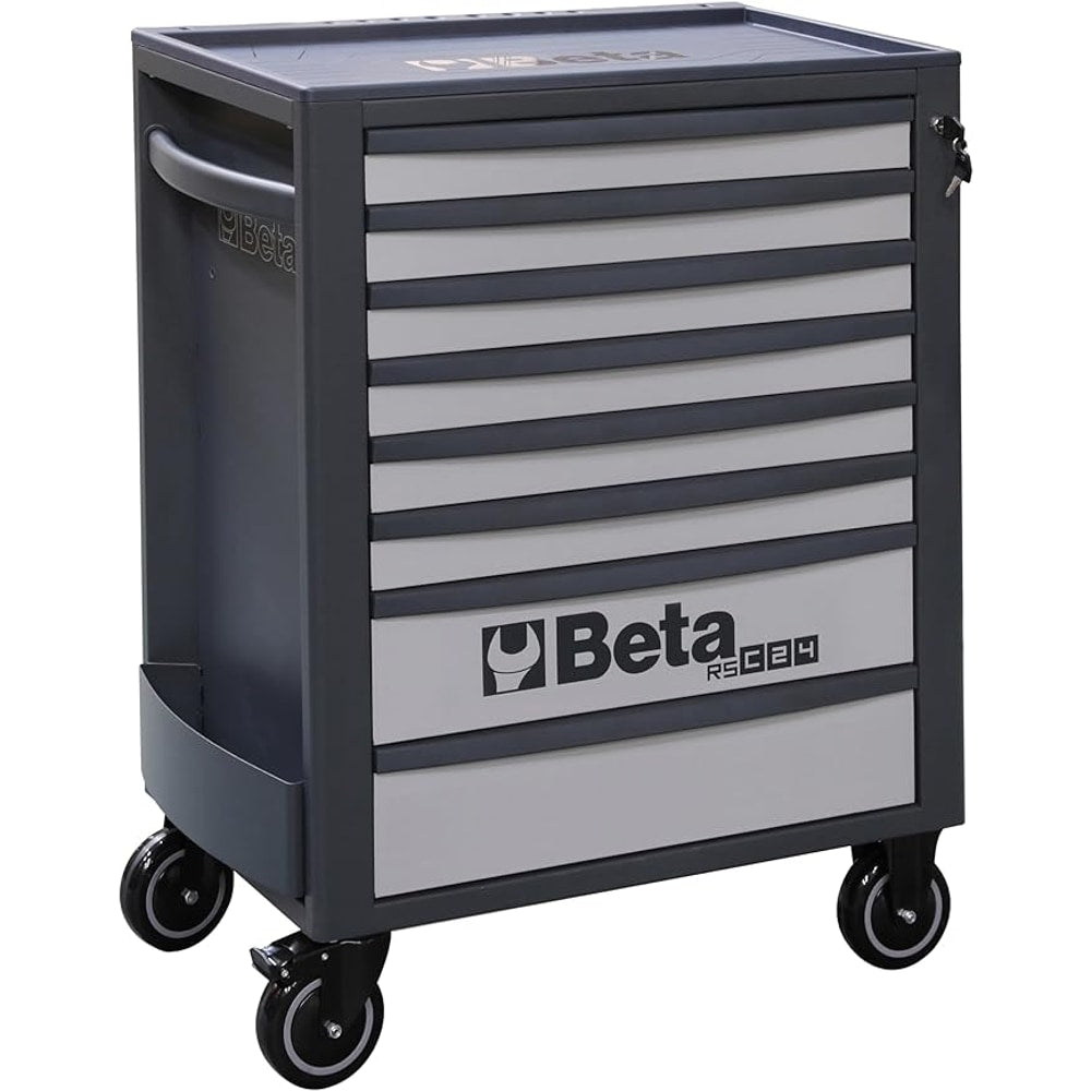 Beta RSC24 Heavy Duty Rolling Tool Cabinet, 8 Drawers, Light Grey, Ball Bearing Slides, Rubber Mat Liners, 5" Casters, Anti-Fall Edge Worktop, 1760 lbs Load Capacity, Made in Italy