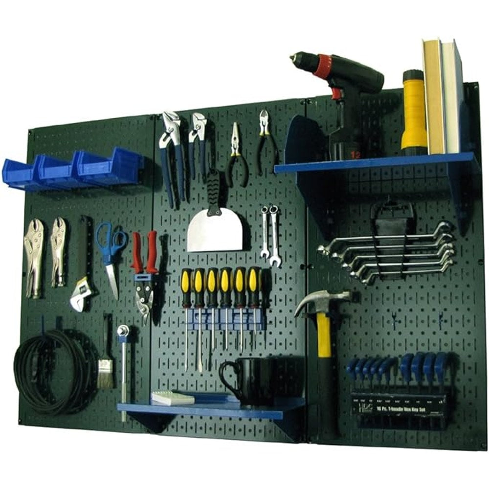 Wall Control Pegboard Organizer 4 ft. Metal Pegboard Standard Tool Storage Kit with Green Toolboard and Blue Accessories
