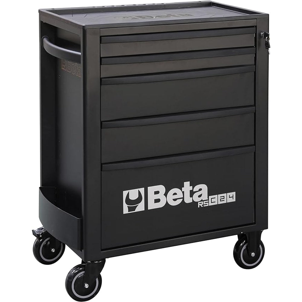 Beta RSC24 Heavy Duty Rolling Tool Cabinet, 5 Drawers, Black, Ball Bearing Slides, Rubber Mat Liners, 5" Casters, Anti-Fall Edge Worktop, 1760 lbs Load Capacity, Made in Italy